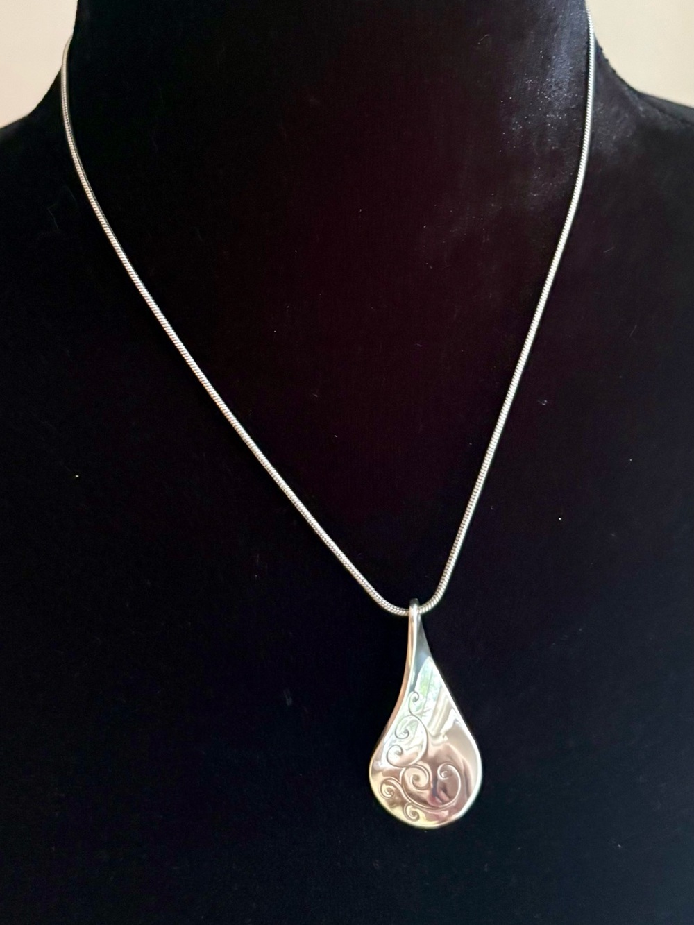 Brighton “Twirl” Silver Teardrop Pendant Necklace with Engraved Scrolls